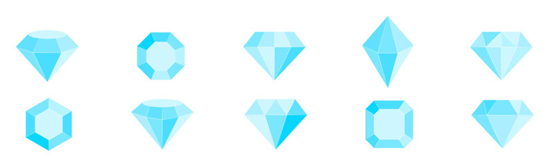 Set of different brilliant blue flat icon. Diamond icon Isolated over transparet