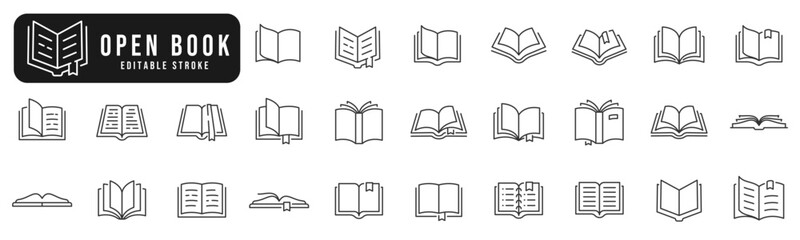 Open book line icon set. Different composition. Editable stroke