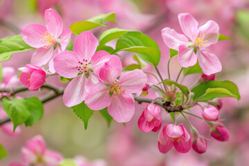 Obraz na płótnie Canvas A closeup of pink crabapple blossoms, flowers