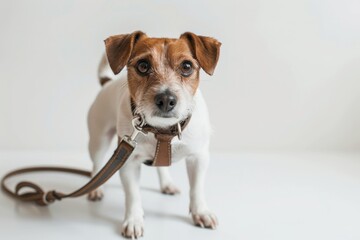 Jack Russell terrier holding leash on white background