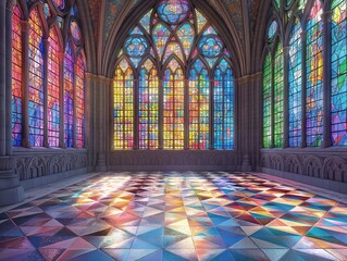 A large room with colorful stained glass windows and a mosaic floor. The room is empty and the colors of the stained glass windows create a sense of peace and serenity