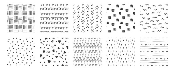 Doodle seamless patterns collection. Black and white minimalist modern background. Freehand squiggles ink texture. Simple monochrome pattern of scribble shapes and lines - obrazy, fototapety, plakaty