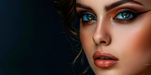 Fototapeta premium stunning model with smoky eye makeup and bold eyeliner, creating a captivating cosmetic concept against a dark background with copy space. Generative AI