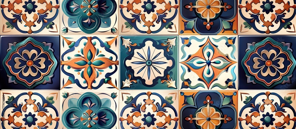 Poster a creative event showcasing visual arts with tiles in electric blue and symmetry patterns creating a