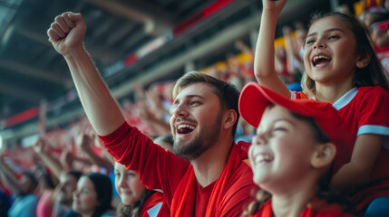 Fototapeta premium Members of extended family with kids cheering for their sports team while watching a game from stadium stands.