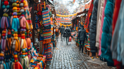A street market, with colorful stalls lining the pavement as the background, during a vibrant cultural event - obrazy, fototapety, plakaty