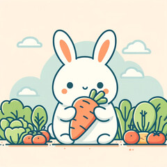 Charming Cartoon Rabbit with Carrot in a Vegetable Garden