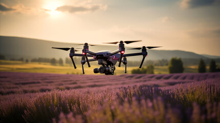 A drone equipped with camera hovers above lavender field during sunset, modern farming with...