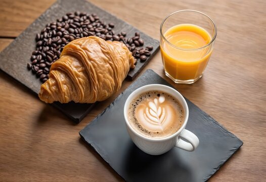Coffee, Croissant, Juice, and Beans on Wood