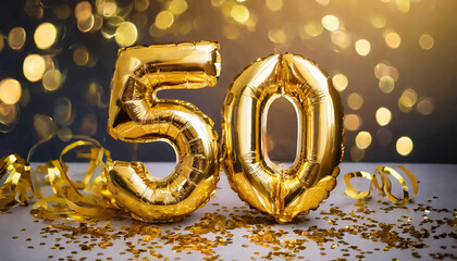 Number 50 gold foil balloon. Anniversary celebration decoration. Golden foil balloon with number 50 on bokeh background. Party, birthday, anniversary concept. - obrazy, fototapety, plakaty