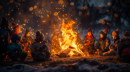 A group of children sit around a fire, with some of them wearing red hats