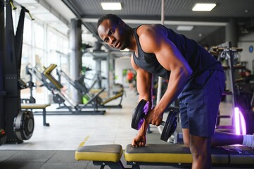 Motivated african american bodybuilder training arms and back muscles with dumbbells at modern gym