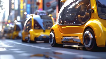 Bright Yellow Taxis Lined Up in Urban Evening - obrazy, fototapety, plakaty