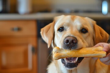 Labrador retriever happily chewing bone in kitchen for dental health