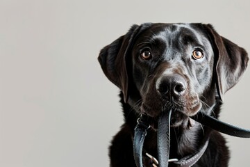 Labrador with leash in mouth ready for walk