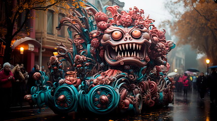 Halloween parade with floats, dancers, and performers dressed in elaborate and creative costumes. Generative Ai