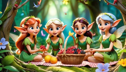 A charming group of animated fairies enjoy a whimsical fruit gathering in an enchanted forest, brimming with magic and color. AI Generation