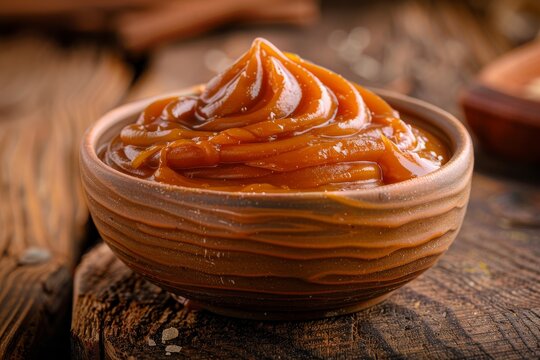 Latin American manjar or dulce de leche sweet caramel spread or filling in small bowl Selective Focus on front of cream