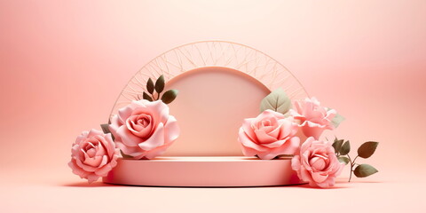 podium display, pastel pink background with rose flowers. Valentine, feminine copy space template Generative AI
