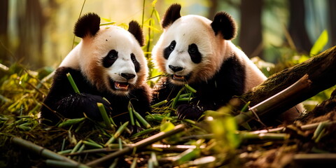 giant pandas playing in a bamboo forest in China. Generative AI