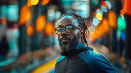 Man with sunglasses at a train station.