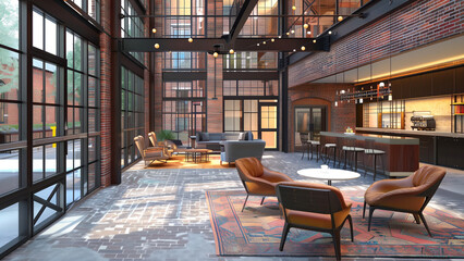 Industrial-chic lounge with high ceilings and exposed brickwork.