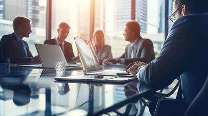 Teamwork, meeting and business people in discussion at the table in modern office for brainstorming and planning. group of corporate employees working on project together in workplace boardroom