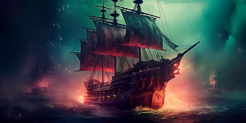 Fotobehang pirate ship emerging from the fog with ominous figures on deck. Generative AI © Лилия Захарчук