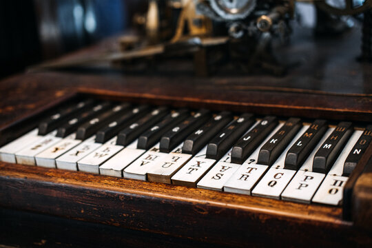 Warsaw, Poland - March 19, 2024. Close-Up of Vintage Telegraph Key Keyboard