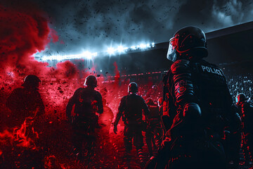 Riot police at a stadium with flares and crowd