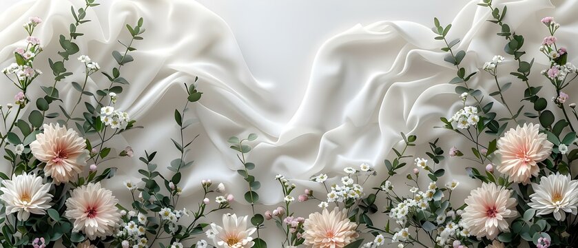 Feminine wedding desktop mockup with flowers leaves ribbon on white background. Concept Wedding Decor, Feminine Style, Desktop Mockup, Flowers and Leaves, White Background
