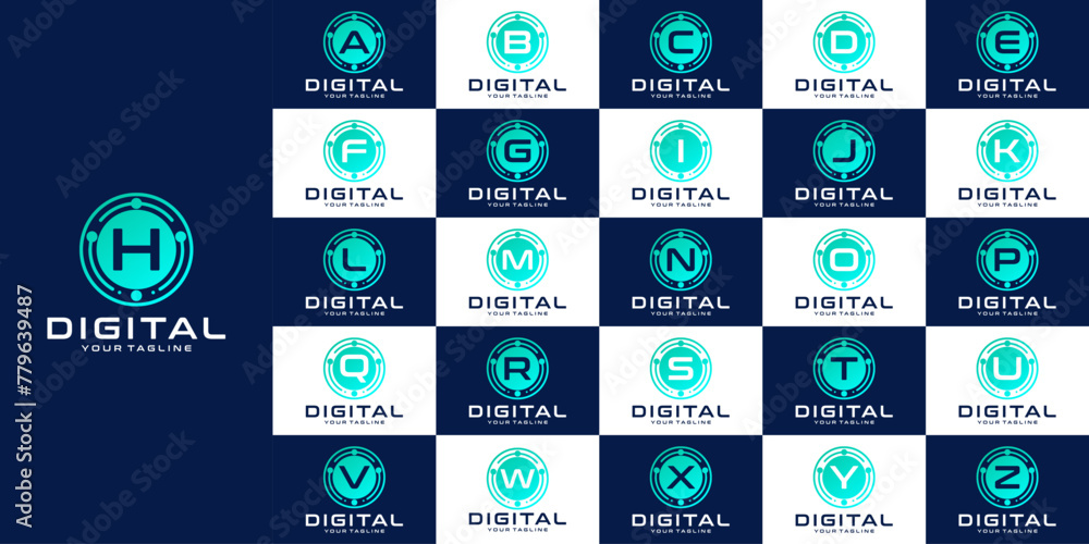 Poster collection of initial letters a to z with logo design, with digital font vector design for industry 
