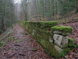 A moss covered stone wall with a path in front of it. The wall is old and has a weathered look