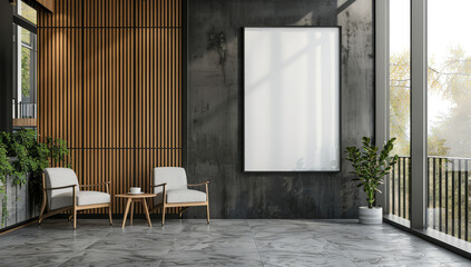 modern interior design of an office waiting room with a wall art mockup. Wooden slats are on the left side and a white poster frame hangs on a black glass panel wall - obrazy, fototapety, plakaty