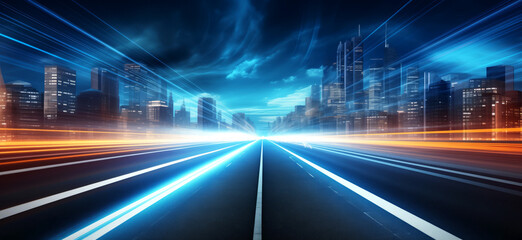 Dynamic and futuristic cityscape, intense light trails from center of wide road lead towards towering skyscrapers, illustration fast-paced, modern urban environment, energy, technological advancement - obrazy, fototapety, plakaty