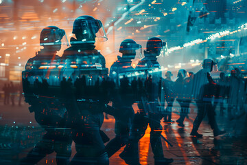 Riot police in futuristic city setting