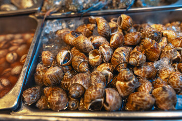 Fresh seafood and sweet clams in a seafood restaurant