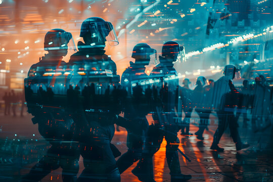 Riot police in futuristic city setting - Powered by Adobe