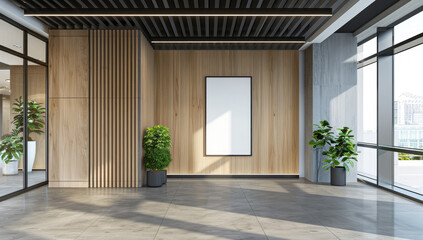 modern interior design of an office waiting room with a wall art mockup. Wooden slats are on the left side and a white poster frame hangs on a black glass panel wall
