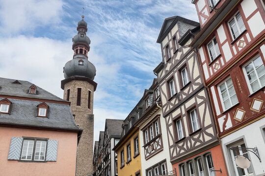 Tower and Half timered houses. Cochem Rhineland-Palatinate Germany. River Moselle.