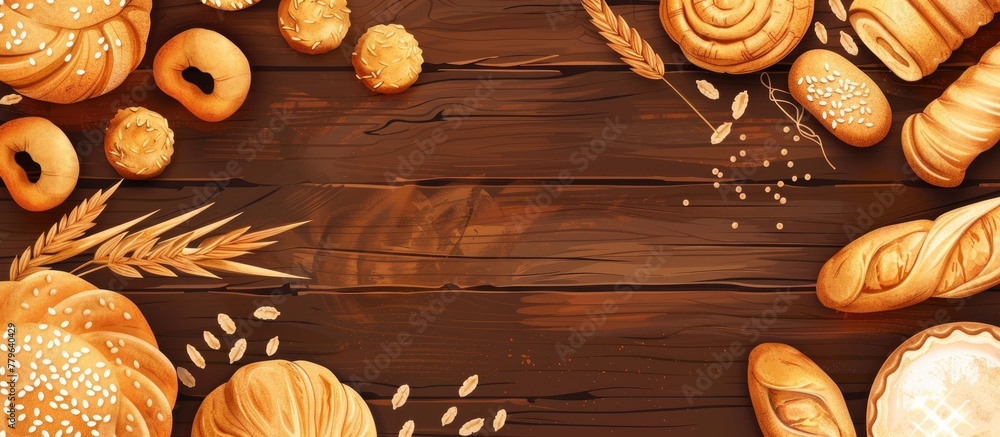 Canvas Prints A variety of bread types are displayed on a rustic wooden table, showcasing different flavors and textures. The assortment includes light loaves, savory ingredients, and recipes from various cuisines