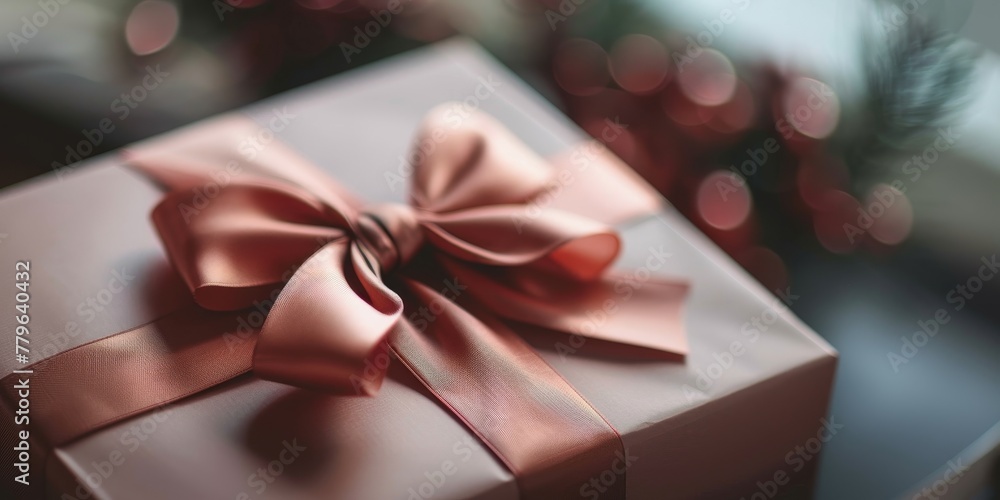 Poster a pink box with a bow on top of it. the box is decorated with a ribbon and is placed on a table