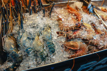 Fresh shrimp for sale at a seafood restaurant