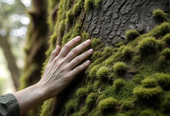 Hand on Mossy Tree Amid Fallen Leaves