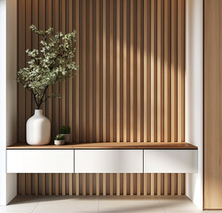 Template of minimalist modern wooden wall with slats and white console table.  Interior mockup with clean walls for pictures, posters, paintings, sculptures, and other wall art. 