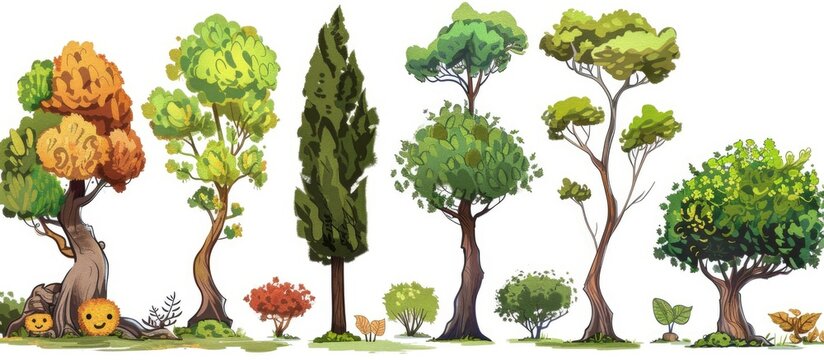 The illustration features a variety of plants including trees, shrubs, and grass, creating a diverse natural landscape within an urban design
