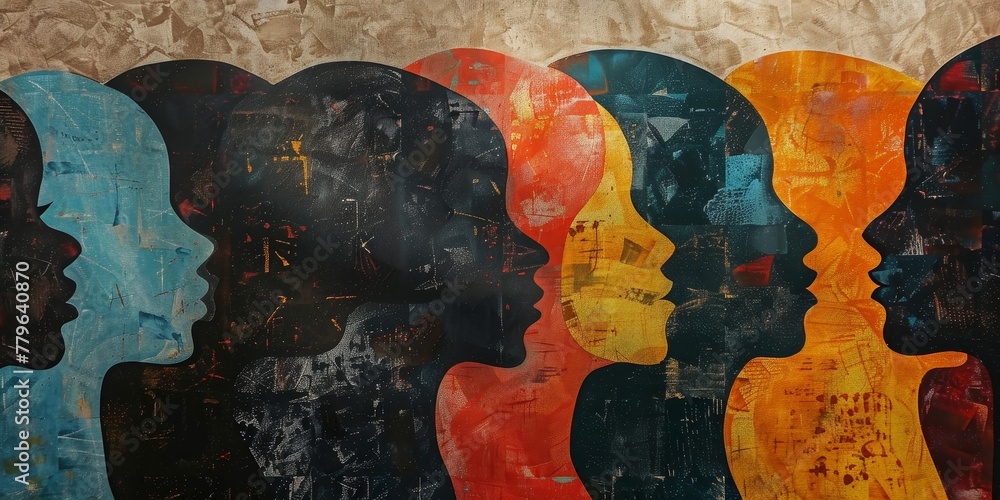 Poster a painting of many faces with different colors and sizes. the painting is abstract and has a sense o