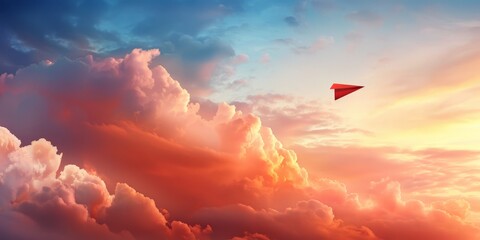 A red kite is flying high in the sky above a cloudy, orange and pink sky. The kite is the only object in the scene, and it is the main focus of the image - obrazy, fototapety, plakaty