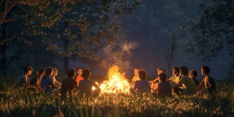 A group of people are sitting around a fire in a field. Scene is warm and inviting, as the group of people are gathered together to enjoy the warmth and light of the fire