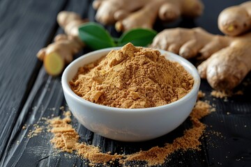 Ground dry ginger in bowl on wooden table